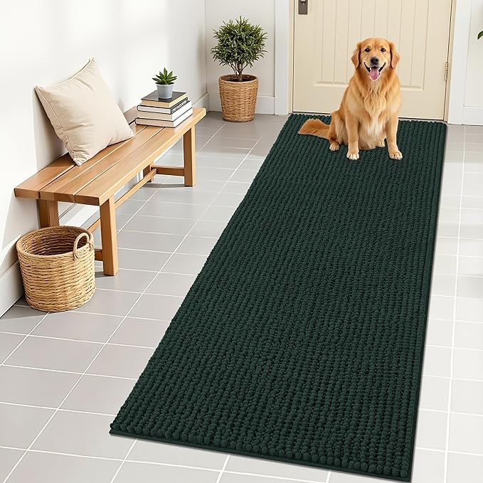 OLANLY Dog Door Mat for Muddy Paws 70x24, Extra Absorbent Chenille Mud Mat | Blackish Green, Absorbs Moisture and Dirt, Non-Slip Machine Washable Doormat, Quick-Drying Indoor Entryway Floor Mat for Dogs