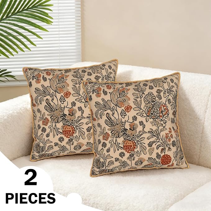 KSLIDS Art Boho Floral Soft Velvet Throw Pillow Covers Set of 2 Beige Rust Botanical Flowers Decorative Pillow Covers 20x20 Inch Farmhouse Vintage Pillow Case for Sofa Couch Living Room Home Decor