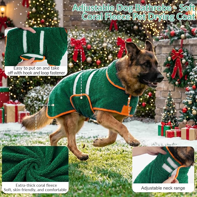 Bienbee Dog Bathrobe, Super Absorbent for Small to Large Dogs, Green 2XL | Dog Robes with Soft Fleece, Warm & Cozy, Adjustable Fit, and Quick Drying Coat for Baths Swimming and Grooming