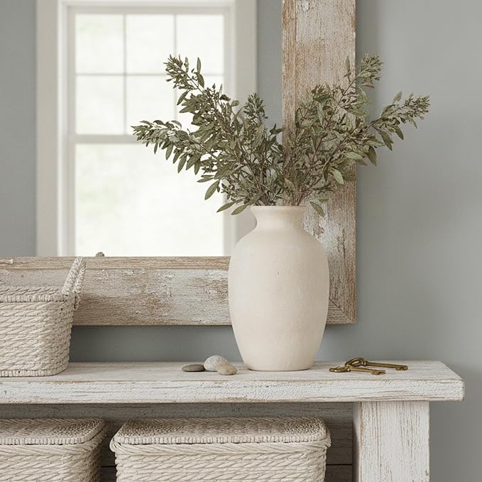 Ceramic Vintage Flower Vase Home Decor, 8.38" Rustic Terracotta, Antique Vase for Table, Living Room, Shelf, Mantel Decoration, Farmhouse- Grayish White