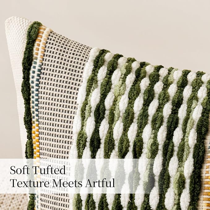 ANRODUO Boho Decorative Pillow Covers Olive Green Stripe 20x20 Pack of 2 | Throw Pillow Covers, Farmhouse Cushion Case, Chenille Pillow Cases, Pillow Covers, Accent Neutral Pillowcase for Couch Bed