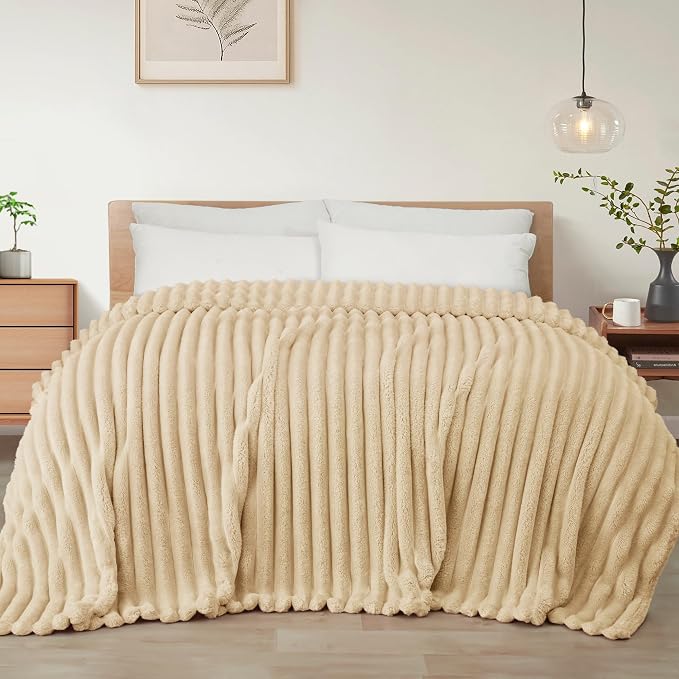 Exclusivo Mezcla Striped Queen Size Fleece Blanket for Bed, Couch, 90"x90" | Soft Breathable Cozy Bed Blankets, Lightweight Plush Fluffy Fuzzy Jacquard Decorative Blankets