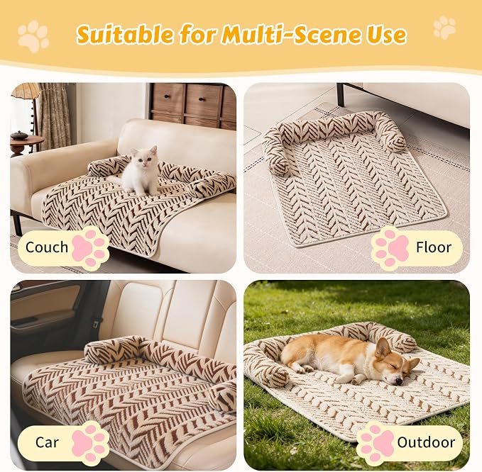 Calming Dog Bed Mats with Neck & Head Support, 35.43 x31.5 inch Khaki | for Small and Medium Dogs & Cats, Soft Flanne Couch Covers, Non-Slip, Machine Washable, Protects Sofa from Fur & Scratches