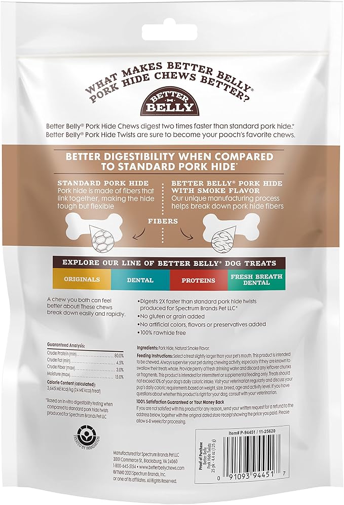 Better Belly Highly Digestible Rawhide Twist Sticks Chews, Treat Your Dog to a Chew with NO Artificial Colors or Flavors 25 Count (Pack of 1) | With Natural Smoke Flavor, Long-Lasting Digestible Chew, No Grain Added, No Artificial Colors Or Flavors, Fo...