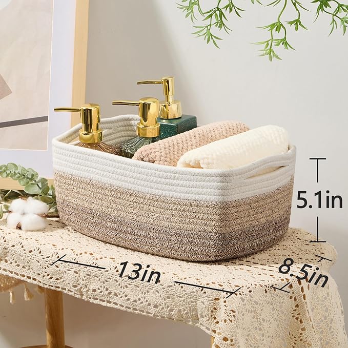 MiniArk Small Storage Baskets for Organizing | Closet Organizer Bins | Shelf Toy Basket | Woven Rope Baskets | Cube Decorative Box | Shallow Basket | 13x8.5x5.1” | 3 Packs Gradient Brown