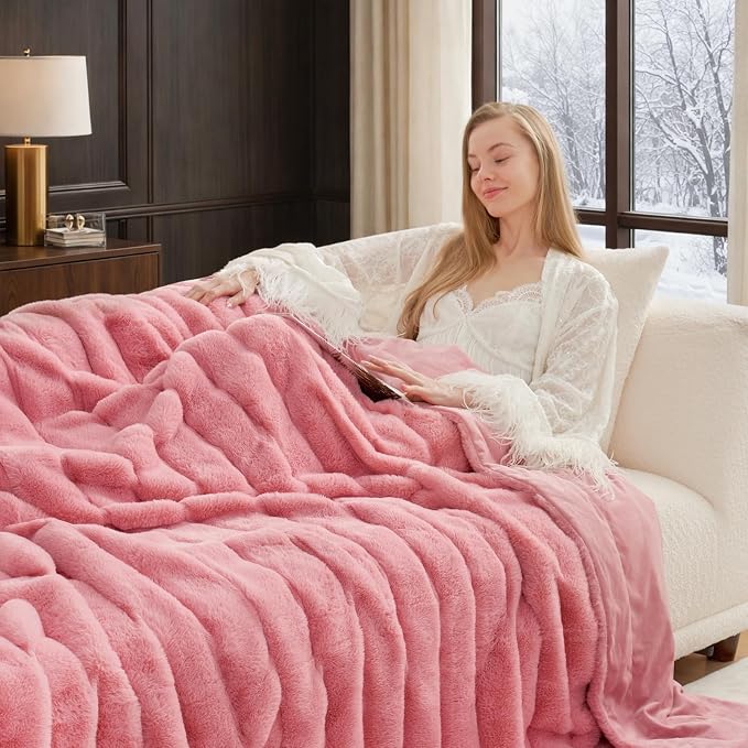 Cozy Bliss Faux Fur Throw Blanket for Couch, Cozy Warm Plush Striped Blanket for Sofa Bedroom Living Room, 50 * 60 Inches Pink