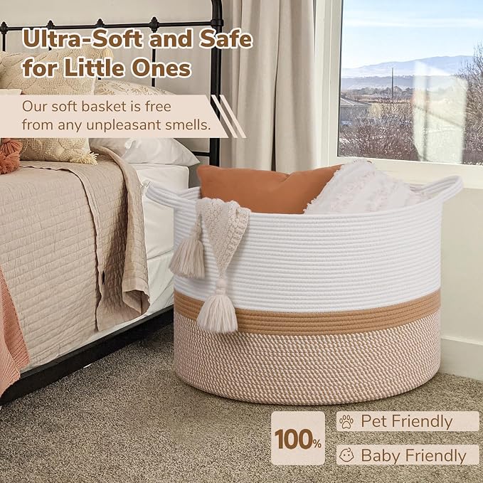 INDRESSME 115L Extra Large Woven Rope Blanket Basket Living Room WhiteCamel | 23.6" x 15.7" Storage baskets for toys laundry & pillows. Fits living room, bedroom or nursery décor. Soft-touch with handles