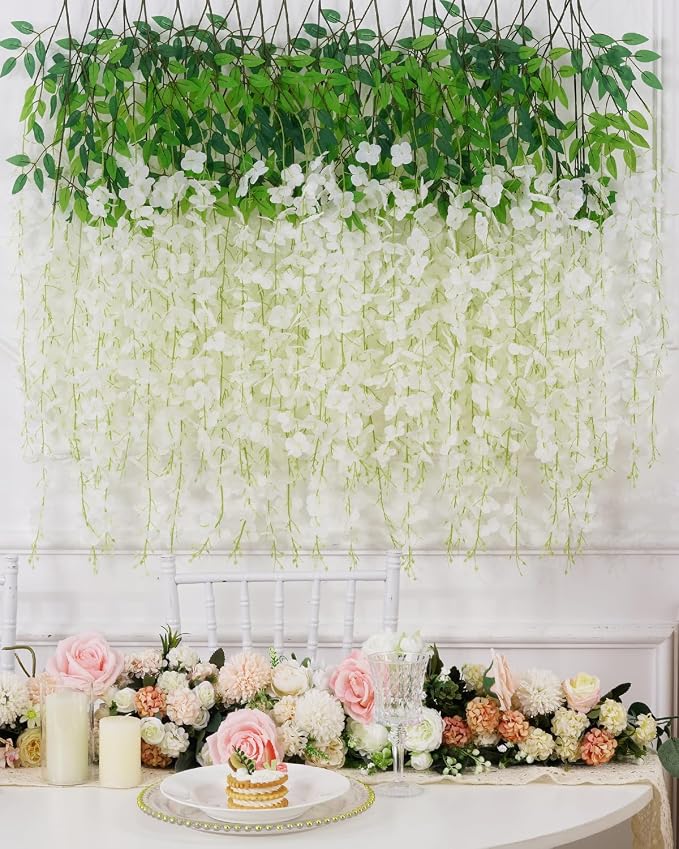 24 Pack Wisteria Hanging Flowers, 3.6 Feet/Pcs White Wisteria Artificial Flowers, Fake Flowers Garland, Hanging Vines for Bedroom Wedding Home Party Wall Decoration