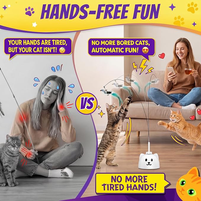 Interactive Cat Toys for Indoor Cats, 360° Automatic Spin Flying Bird Wand