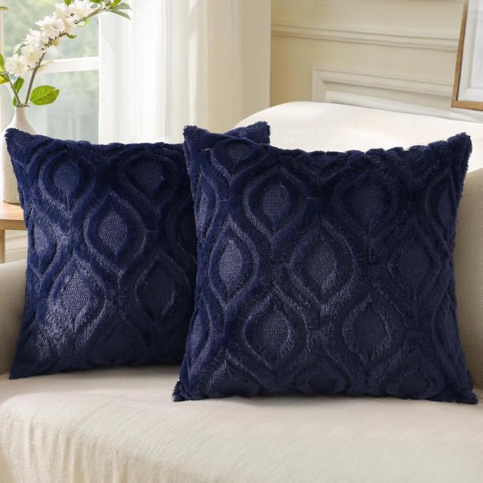 decorUhome Faux Fur Plush Soft Navy Blue Throw Pillow Covers 18x18 Set of 2 | Wool Solid Fall Couch Pillow Covers, Accent Modern Farmhouse Neutral Decorative Square Pillow Cases for Sofa Bed Living Room