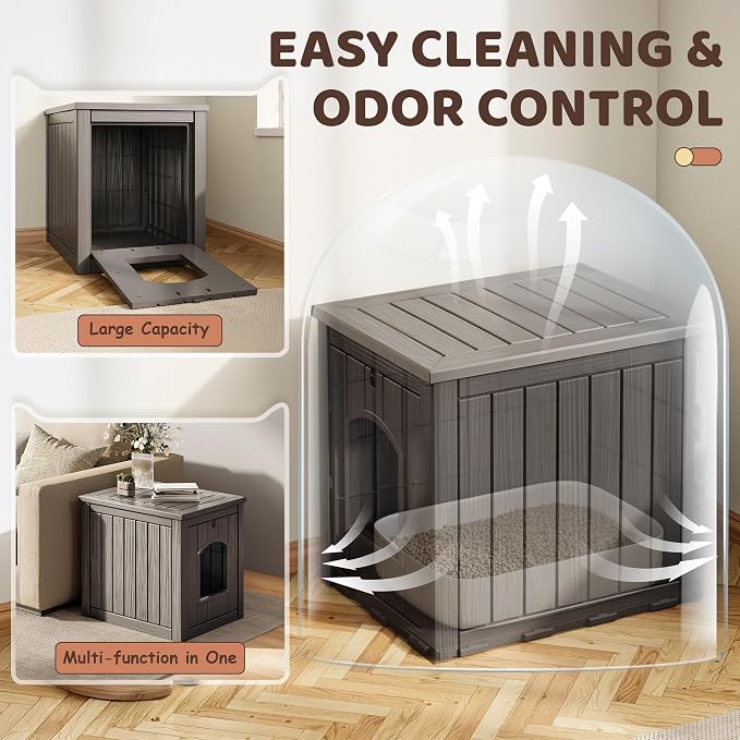 KAMABOKO Cat Litter Box Enclosure, Waterproof Plastic Hidden Litter Box Furniture with Openable Door, Multi-Functional Cat Furniture for Living Room Bedroom (Gray)
