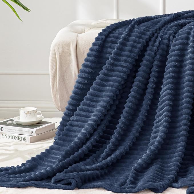 BEDELITE 3D Ribbed Jacquard Navy Fleece Twin Blanket for Bed, 60x80 Inch | Soft Warm Decorative Fluffy Blanket, Cozy Plush Lightweight Fuzzy Throw Blanket for Couch Sofa Room Decor, Gift for Women