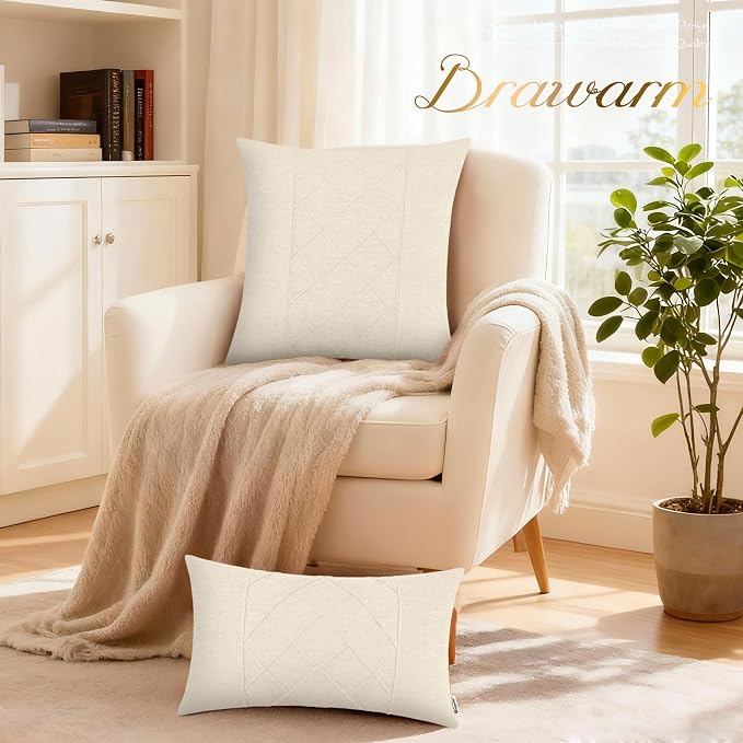 BRAWARM Chenille Throw Pillow Covers 16x16 Inches, Cream, 2 Pack | Decorative Pleated Pillow Covers, Soft Cushion Cases for Sofa Bed Living Room Home Farmhouse (No Insert)