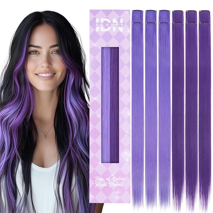 IDN BEAUTY Colored Clip in Hair Extension, 12PCS Light Purple Deep Purple 24Inch Multicolored Synthetic Hair Pieces for Women, Hair Accessories for Party Cosplay Travel Birthday Halloween