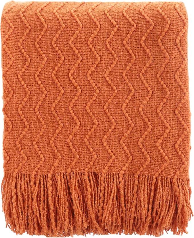 BATTILO HOME Burnt Orange Throw Blanket for Couch, Decorative Fall Throw Blanket with Tassels Halloween Throw Fall Decor, 50"x60"