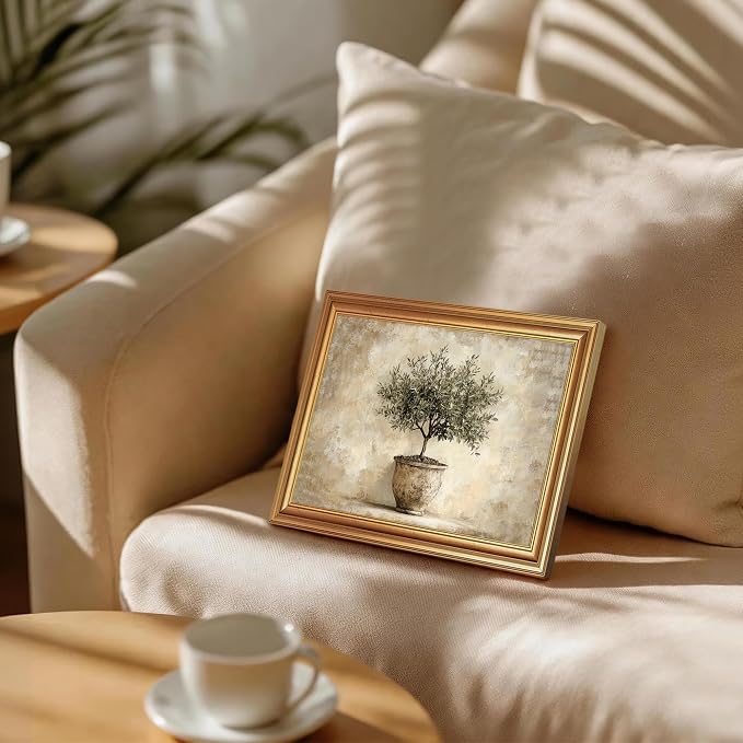 JLTULT Olive Tree Wall Art, Gold Framed Botanical Canvas, 8 x 10 Inches | Potted olive tree art on fade-resistant canvas with a ready-to-hang gold-tone PS frame for kitchens, dining rooms and offices