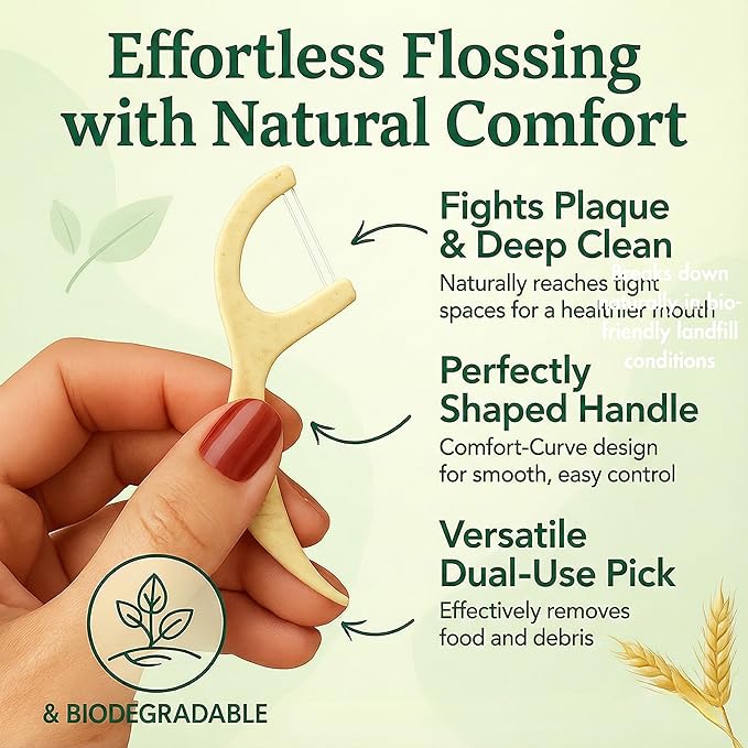 Twin Line Eco Floss Picks (220 Count) - Plant-Based Straw Wheat Floss Sticks with Travel Case | 2X More Effective Cleaning-Compostable Tooth Flossers, Thin & Shred Resistant Thread |