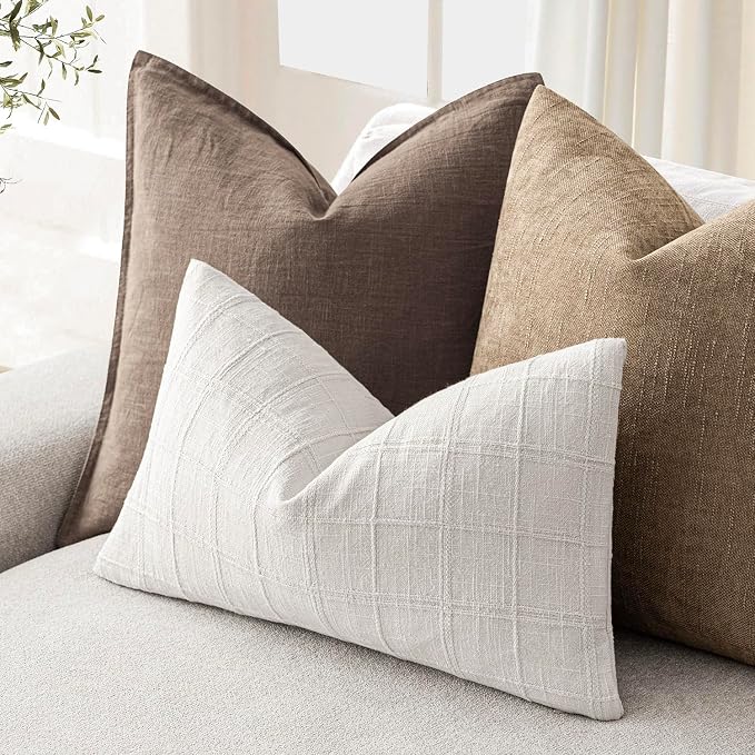 Foindtower Set of 2 Decorative Linen Check Throw Pillow Covers Neutral Farmhouse Lumbar Cushion Covers Modern Boho Home Decor for Sofa Chair Couch Bedroom Living Room,12×20 Inch,Cream White