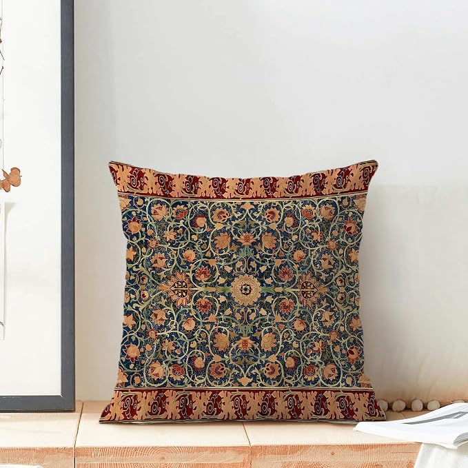AEIOAE Boho Pillow Covers 18x18 Inch Set of 2,Carpet Pattern Throw Pillows Case,Blue Red Floral Ethnic Design Outdoor Decorative Square Linen Farmhouse Decor Cushion Covers for Home Sofa Bed Couch