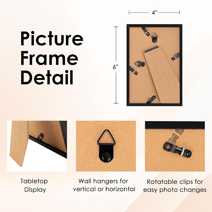 4x6 Picture Frame Set of 6, Black Photo Frames Bulk with HD Plexiglass for Wall Hanging or Tabletop Display, Multi Picture Frames Collage for Wall Decor