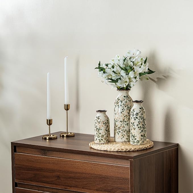 Ceramic Flower Vase Set for Home Decor, Vintage Green Vase (6+8+10 Inch) | Rustic Farmhouse Floral Vase for Entryway, Living Room, Kitchen, Coffee Table, Mantel, Bookshelf, Wedding Centerpiece