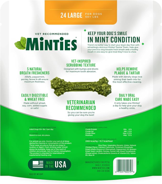 Minties Dental Chews for Dogs, 24 Count, Vet-Recommended Mint-Flavored Dog Treats for Large Breeds Over 50 lbs, Dental Bones Clean Teeth, Fight Bad Breath, Removes Plaque and Tartar | Vet-recommended mint dental bone; scrubs teeth as dogs chew; fights ...
