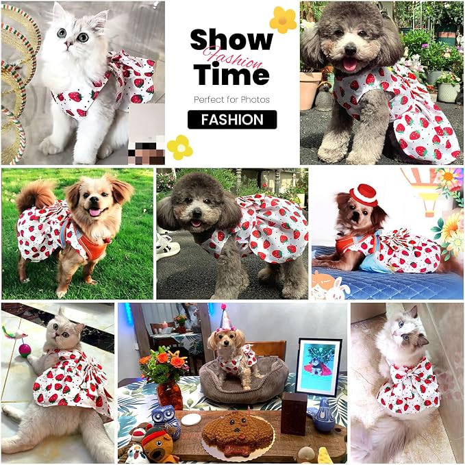 ABRRLO Cute Dog Dress Small Dog Clothes for Girls Female Puppy Outfits Red Strawberry Pet Summer Clothes Bowknot Doggy Cat Princess Dresses Harness for Holiday Birthday Party Costume Clothing (Red,S)