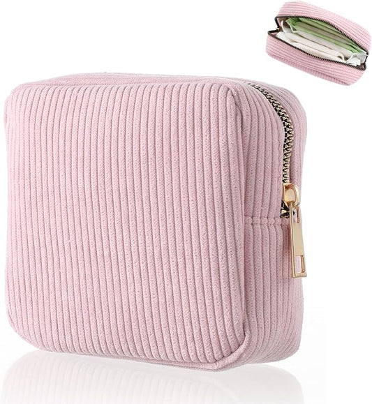 Period Bag for Teen Girls (Pink) | Corduroy Sanitary Napkin Storage Bags Portable Sanitary Pad Storage Bag with Slip-in Pockets
