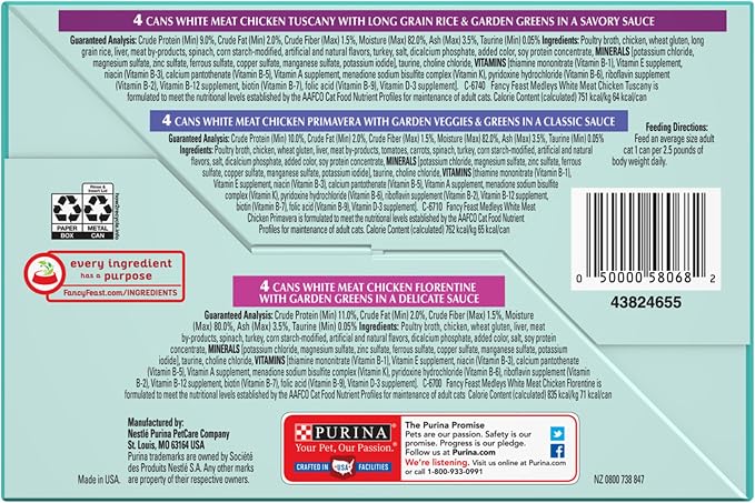 Purina Fancy Feast Wet Cat Food Variety Pack, Medleys White Meat Chicken in Sauce Collection - (Pack of 12) 3 oz. Cans | Variety Pack of tasty White Meat Chicken Florentine, Tuscany and Primavera recipes, 100 percent complete and balanced