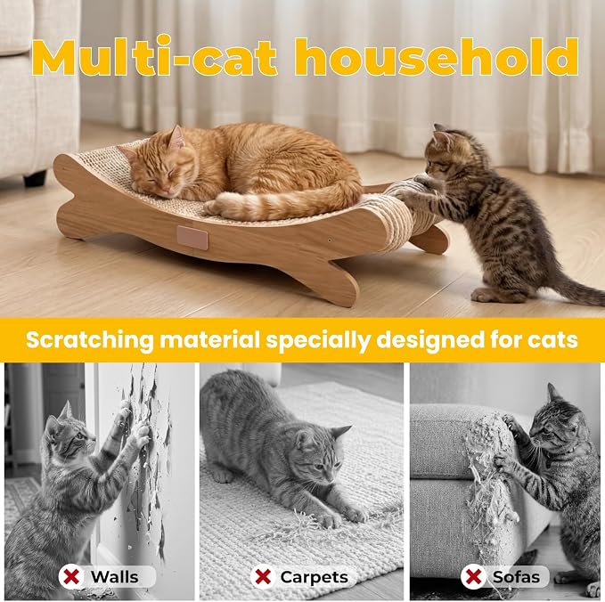 Sisal Cat Scratchers for Indoor Cats - 26.2" Large Cat Scratching Board, Wooden Cat Bed with Scratch Pad, Modern Cat Furniture for Lounging/Sofa Protector