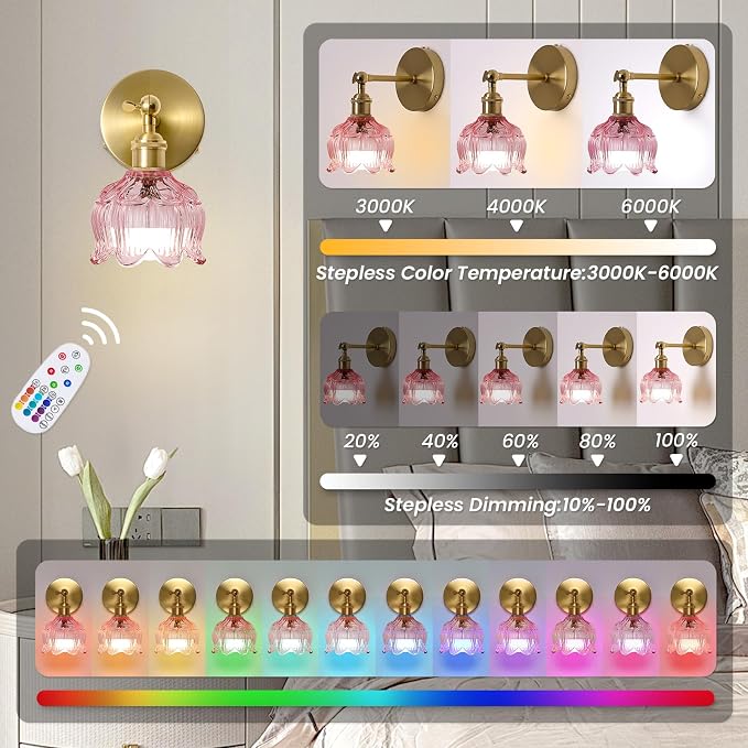Vintage Battery Operated Wall Sconce: Set of 2 Rechargeable Pink Sconce | 5000mAh Flower Glass Cordless Mounted Lighting, Wireless Dimmable Powered Light, Remote Control, Bedroom Bedside Indoor Decor