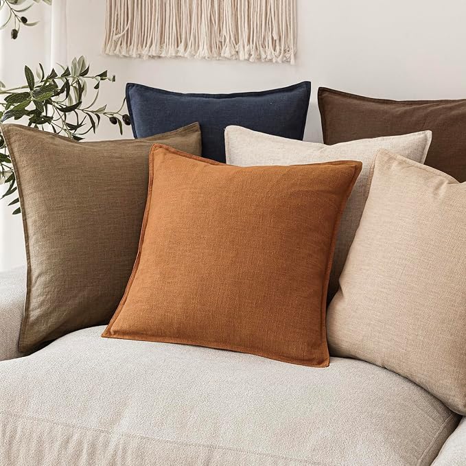 Foindtower Set of 2, Decorative Linen Solid Throw Pillow Covers Soft Accent Euro Cushion Case Boho Farmhouse Pillowcase for Chair Couch Sofa Bedroom Living Room Home Decor 20 x 20 Inch Autumn Orange