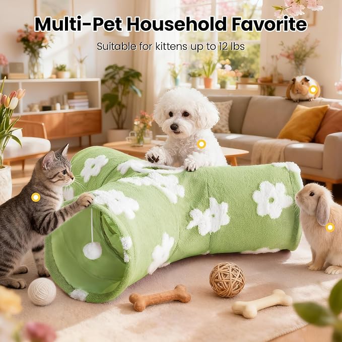Tempcore Cat Tunnel, 3-Way Collapsible Toy for Indoor Cats, Daisy Green