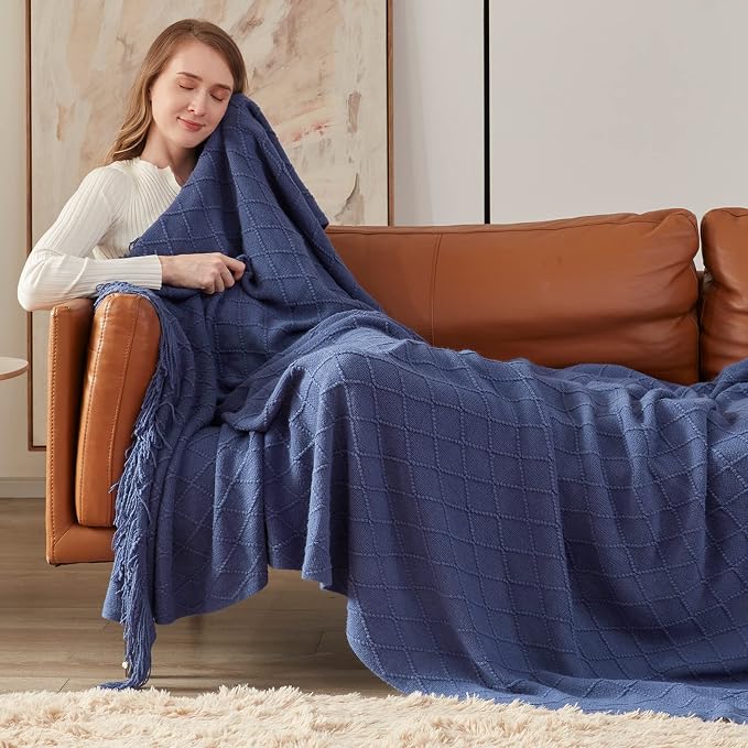 inhand Navy Blue Knitted Throw Blanket for Couch and Bed, 50"x60" | Soft Living Room Home Decor Knitted Blanket, Tassel, Outdoor Lightweight Breathable Summer, Farmhouse Warm Woven Decorative