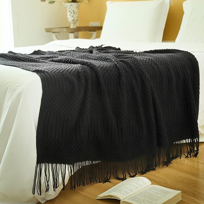 Blagic Soft Knitted Throw Blanket for Couch and Bed,Black,50"x60" | Lightweight and Cozy,Farmhouse Boho Blanket with Tassel,Decorative for Living Room,Gifts for Adults,All Season Use