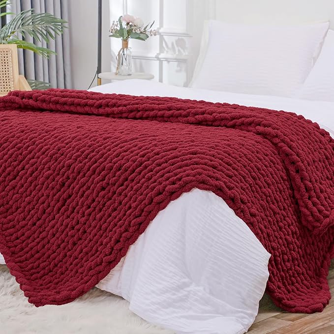 Bigacogo Chunky Knit Throw Blanket for Couch, 51x63 inches, Red | Hand Knit with Jumbo Chenille, Soft Breathable Cable Knit for Sofa Bed Living Room, Machine Washable, Gift for Mom Friend