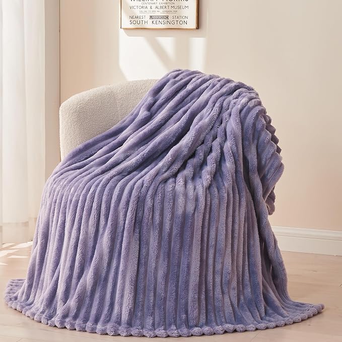 NEWCOSPLAY Fleece Ribbed Cozy Queen Blanket for Couch, Lavender, 90"x90" | Premium Silky Flannel Blanket, Soft Lightweight Fluffy Throw Blanket for Bed Sofa Decor, Gift for All Season Use