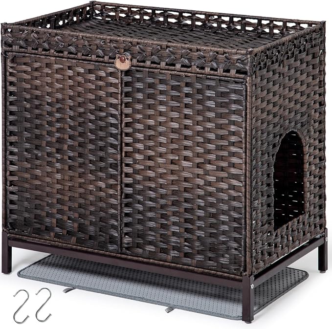 SETVSON Cat Litter Box Enclosure Furniture, Hidden PE Rattan, Brown | Large PE Rattan Kitty House with Metal Heightened Feet, Fits Big Covered Litter Boxes, Litter Mat, 2 Hooks, Frame