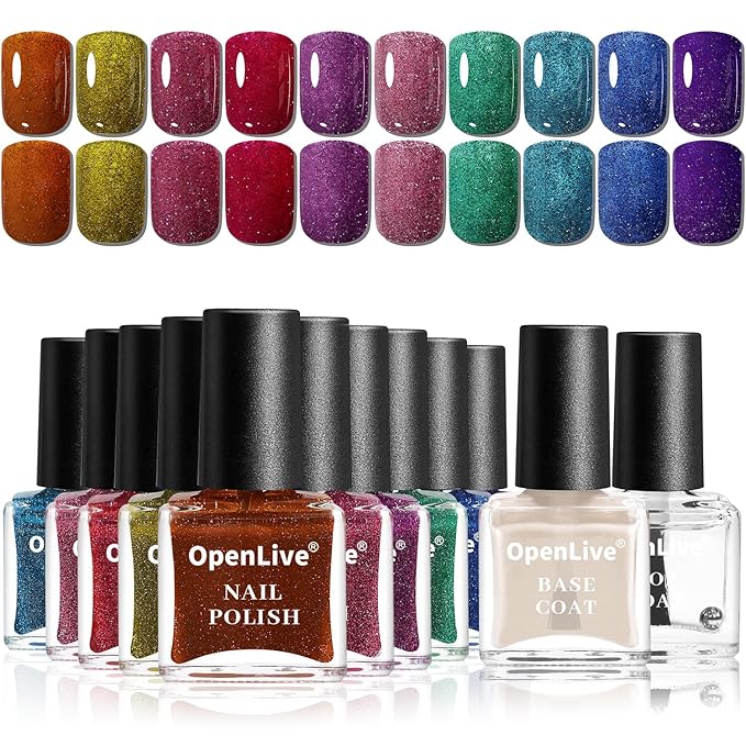Reflective Nail Polish 12 Colors With Base Coat and Top Coat Glitter Red Bule Purple Green Nail Polish Set Quick Dry Sparkle Winter Manicure Long Lasting for Holiday Gift Giving 5ML