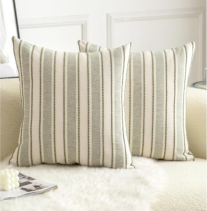 Cethom Decorative Boho Throw Pillow Covers, Farmhouse Textured Pillow Case, 18 x 18 Inch Set of 2, Chair Sofa Bedroom Living Room Home Decor Couch Cushion Case, Olive Green and Beige Striped