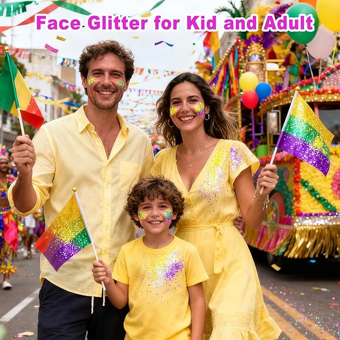 Carnival Body Glitter,Green Purple and Yellow Carnival Face Glitter Gel,Sparkling Holographic Long Lasting Chunky Glitter for Hair Face Nails,Accessories for Rave Festival Party (Carnival Themed)