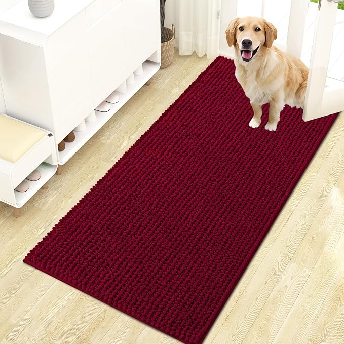OLANLY Dog Door Mat for Muddy Paws 47x24, Extra Absorbent Chenille Mud Mat | Burgundy, Absorbs Moisture and Dirt, Non-Slip Machine Washable Doormat, Quick-Drying Indoor Entryway Floor Mat for Dogs