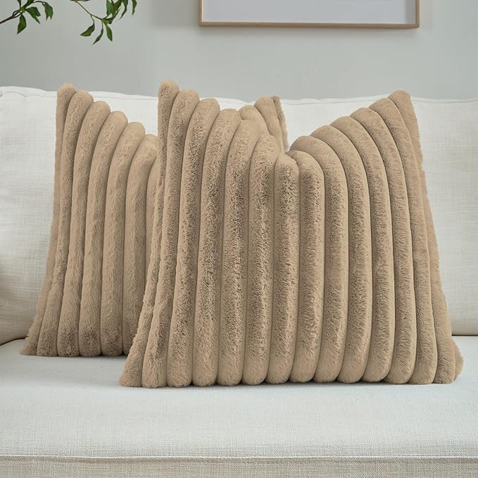 FUTEI Pack of 2 Faux Fur Throw Pillow Covers 28x28 Inch, Khaki | Fluffy Faux Rabbit Fur Front/Premium Velvet Back,Hidden Zipper,Machine Washable,Non-Shedding,Colorfast,Insert Not Included.