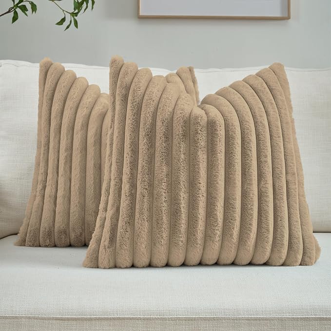 FUTEI Pack of 2 Faux Fur Throw Pillow Covers 22x22 Inch, Khaki | Fluffy Faux Rabbit Fur Front/Premium Velvet Back,Hidden Zipper,Machine Washable,Non-Shedding,Colorfast,Insert Not Included.