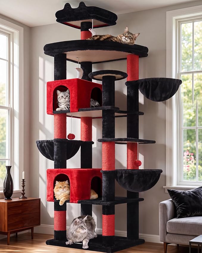 Globlazer Extra Large Gothic Cat Tree Tower, 82in Tall Goth Heavy Duty Cat Tree for Indoor Cats Large Adult Big Cat Tower with 8 Scratching Posts, 2 Condos, 2 Perches, 3 Basket Beds, S82, Red Black