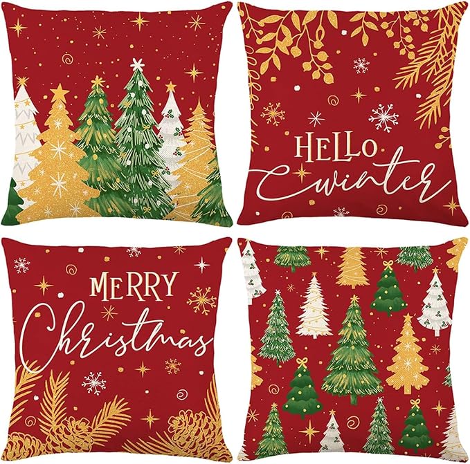 ONFAON Christmas Decorations - Christmas Pillow Covers 18 x 18 Inches Set of 4,Xmas Tree Throw Pillow Cases Winter Holiday Decor for Sofa Living Room