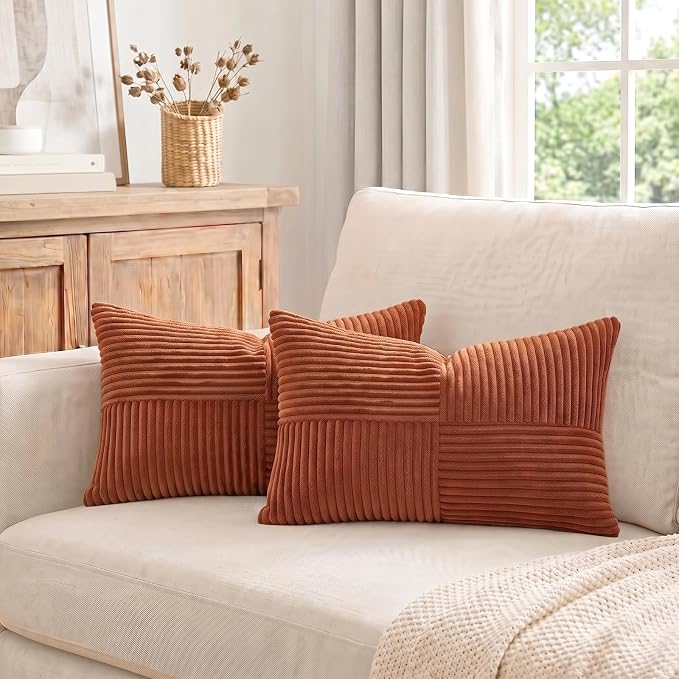 Fancy Homi 2 Packs Rust Lumbar Decorative Throw Pillow Covers 14x24 Inch for Couch Bed Sofa, Rustic Farmhouse Boho Home Decor, Soft Striped Corduroy Rectangle Accent Terracotta Cushion Case 35x60 cm