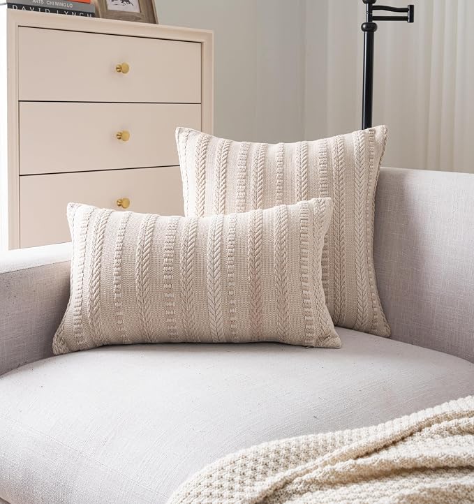 Cethom Boho Throw Pillow Covers 12x20 Inch Set of 2, Farmhouse Decorative Couch Pillow Cases, Beige Accent Pillows of Bed, Sofa Bedroom Living Room Home Decor Cushion Cover