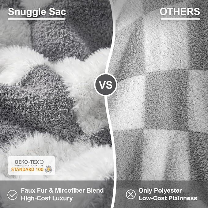 Snuggle Sac Faux Fur Throw Blanket for Couch, Cozy Soft Warm Blankets for Sofa Bedroom Living Room,Grey Checker,50x60 inches