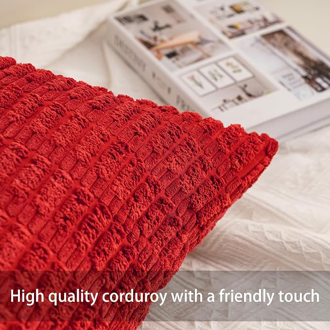 Aegero Pack of 2 Corduroy Decorative Throw Pillow Covers 16x16 Inch, Red | Fall Soft Striped Pillow Covers Modern Farmhouse Home Decor Christmas Throw Pillow Covers for Sofa Living Room Couch Bed